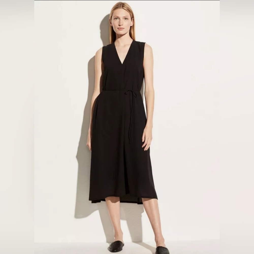 NEW VINCE Black Casual  V-Neck Fit and Flare Midi Dress Size X-Small Minimalist